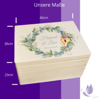 CHICCIE Erinnerungsbox personalisiert zur Hochzeit mit Druck farbig Kranz Blumen Grün Schloss & Schlüssel - Hochzeitstag Holzkiste Erinnerungen Erinnerungskiste