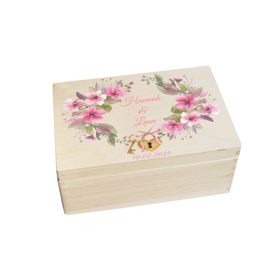 CHICCIE Erinnerungsbox personalisiert zur Hochzeit mit Druck farbig Kranz Blumen Pink Schloss & Schlüssel - Hochzeitstag Holzkiste Erinnerungen Erinnerungskiste