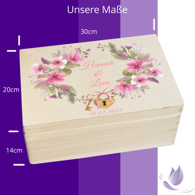 CHICCIE Erinnerungsbox personalisiert zur Hochzeit mit Druck farbig Kranz Blumen Pink Schloss &amp; Schl&uuml;ssel - Hochzeitstag Holzkiste Erinnerungen Erinnerungskiste