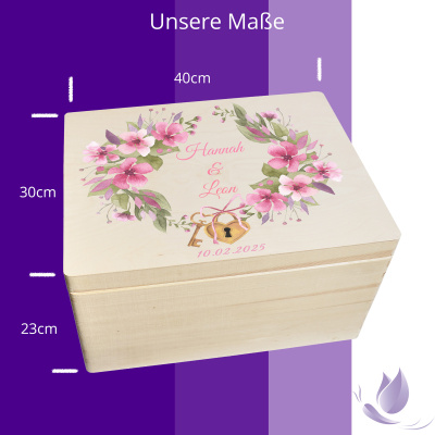 CHICCIE Erinnerungsbox personalisiert zur Hochzeit mit Druck farbig Kranz Blumen Pink Schloss &amp; Schl&uuml;ssel - Hochzeitstag Holzkiste Erinnerungen Erinnerungskiste