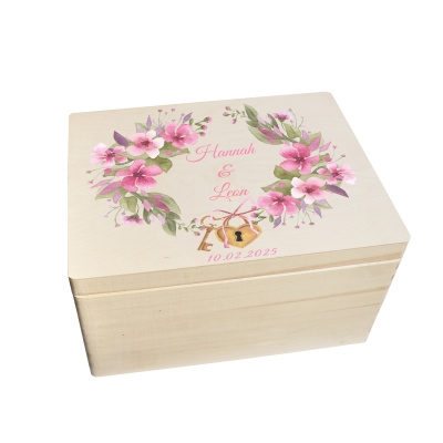 CHICCIE Erinnerungsbox personalisiert zur Hochzeit mit Druck farbig Kranz Blumen Pink Schloss &amp; Schl&uuml;ssel - Hochzeitstag Holzkiste Erinnerungen Erinnerungskiste