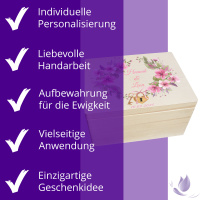 CHICCIE Erinnerungsbox personalisiert zur Hochzeit mit Druck farbig Kranz Blumen Pink Schloss & Schlüssel - Hochzeitstag Holzkiste Erinnerungen Erinnerungskiste