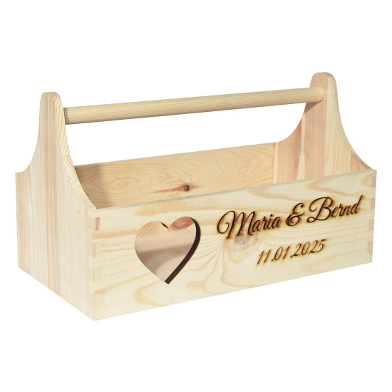 CHICCIE Geschenkkorb zur Hochzeit Personalisierbar mit Herz Namen Datum 34x18x20cm - Natur Holzkiste Geschenkidee Präsentkorb Hochzeitsgeschenk