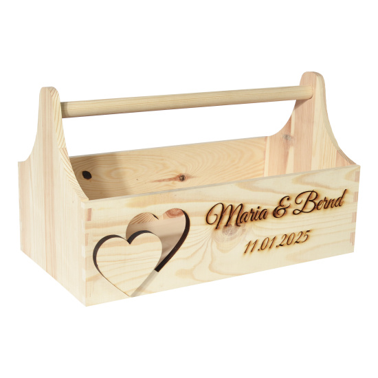 CHICCIE Geschenkkorb zur Hochzeit Personalisierbar mit 3D Herz Namen Datum 34x18x20cm - Natur Holzkiste Geschenkidee Präsentkorb Hochzeitsgeschenk