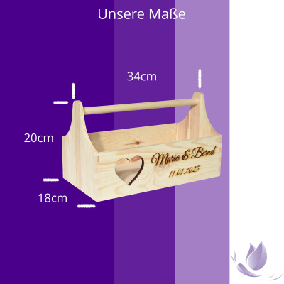 CHICCIE Geschenkkorb zur Hochzeit Personalisierbar mit 3D Herz Namen Datum 34x18x20cm - Natur Holzkiste Geschenkidee Pr&auml;sentkorb Hochzeitsgeschenk