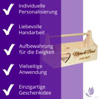 CHICCIE Geschenkkorb zur Hochzeit Personalisierbar mit 3D Herz Namen Datum 34x18x20cm - Natur Holzkiste Geschenkidee Präsentkorb Hochzeitsgeschenk