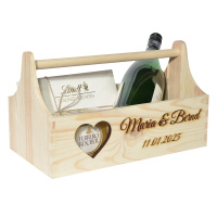 CHICCIE Geschenkkorb zur Hochzeit Personalisierbar mit 3D Herz Namen Datum 34x18x20cm - Natur Holzkiste Geschenkidee Präsentkorb Hochzeitsgeschenk