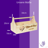 CHICCIE Geschenkkorb zur Hochzeit Personalisierbar mit 3D Herz Namen Datum 34x18x20cm - Natur Holzkiste Geschenkidee Präsentkorb Hochzeitsgeschenk
