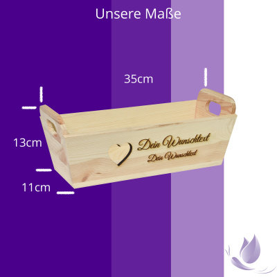 CHICCIE Geschenkkorb mit Henkeln Personalisierbar Wunschtext mit Herz 35x11x13cm Pr&auml;sentkorb Holz Geschenkidee Holzkiste Hochzeit Geburtstag Ruhestand Personalisierung