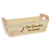 CHICCIE Geschenkkorb mit Henkeln Personalisierbar Wunschtext mit Herz 35x11x13cm Präsentkorb Holz Geschenkidee Holzkiste Hochzeit Geburtstag Ruhestand Personalisierung