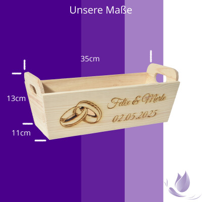 CHICCIE Geschenkkorb mit Henkeln Personalisierbar Wunschtext mit Ringen 35x11x13cm Pr&auml;sentkorb Holz Geschenkidee Holzkiste Hochzeit Verlobung Personalisierung