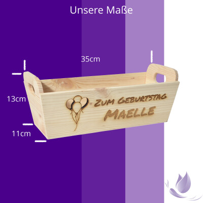 CHICCIE Geschenkkorb mit Henkeln Personalisierbar Wunschtext mit Luftballons 35x11x13cm Pr&auml;sentkorb Holz Geschenkidee Holzkiste Geburtstag Gl&uuml;ckwunsch Personalisierung