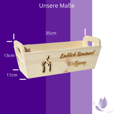 CHICCIE Geschenkkorb mit Henkeln Personalisierbar Wunschtext zum Ruhestand 35x11x13cm Pr&auml;sentkorb Holz Geschenkidee Holzkiste Geburtstag Personalisierung