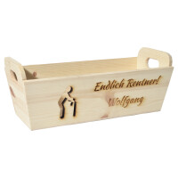 CHICCIE Geschenkkorb mit Henkeln Personalisierbar Wunschtext zum Ruhestand 35x11x13cm Präsentkorb Holz Geschenkidee Holzkiste Geburtstag Personalisierung