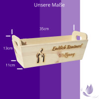 CHICCIE Geschenkkorb mit Henkeln Personalisierbar Wunschtext zum Ruhestand 35x11x13cm Präsentkorb Holz Geschenkidee Holzkiste Geburtstag Personalisierung