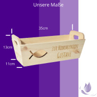 CHICCIE Geschenkkorb mit Henkeln Personalisierbar Wunschtext mit Fisch 35x11x13cm Präsentkorb Holz Geschenkidee Holzkiste Taufe Kommunion Konfirmation