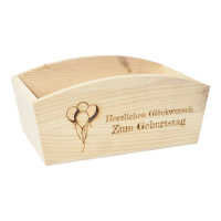 CHICCIE Geschenkkorb Personalisierbar Wunschtext mit Luftballons 24x13x8cm Abgerundet Präsentkorb Holz Geschenkidee Holzkiste Geburtstag Abschied Personalisierung