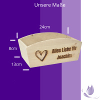 CHICCIE Geschenkkorb Personalisierbar Wunschtext mit Herz 24x13x8cm Abgerundet Präsentkorb Holz Geschenkidee Holzkiste Hochzeit Geburtstag Ruhestand Personalisierung