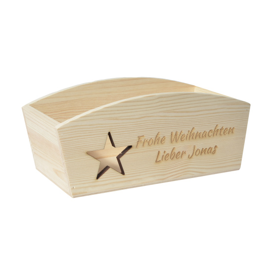 CHICCIE Geschenkkorb Personalisierbar Stern Wunschtext 24x13x8cm Abgerundet Präsentkorb Holz Geschenkidee Holzkiste Weihnachten Weihnachtsstern Adventskalender