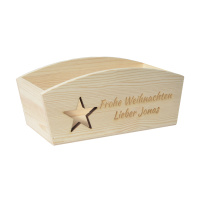 CHICCIE Geschenkkorb Personalisierbar Stern Wunschtext 24x13x8cm Abgerundet Präsentkorb Holz Geschenkidee Holzkiste Weihnachten Weihnachtsstern Adventskalender
