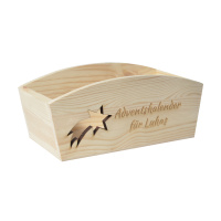 CHICCIE Geschenkkorb Personalisierbar Sternschnuppe Wunschtext 24x13x8cm Abgerundet Präsentkorb Holz Geschenkidee Holzkiste Weihnachten Weihnachtsstern Adventskalender