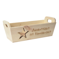 CHICCIE Geschenkkorb mit Henkeln Personalisierbar Stern Wunschtext 35x11x13cm Präsentkorb Holz Geschenkidee Holzkiste Weihnachten Weihnachtsstern Adventskalender Nikolaus