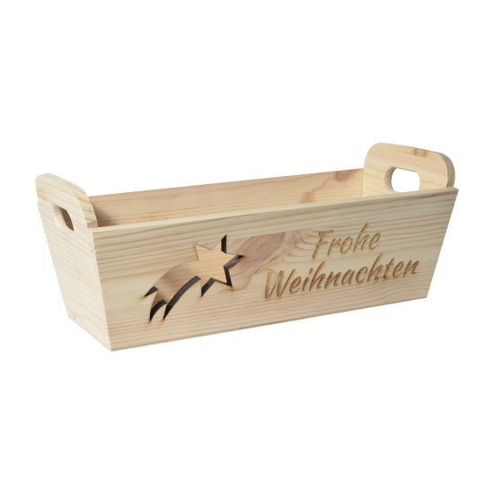 CHICCIE Geschenkkorb mit Henkeln Personalisierbar Sternschnuppe Wunschtext 35x11x13cm Präsentkorb Holz Geschenkidee Holzkiste Weihnachten Weihnachtsstern Adventskalender Nikolaus