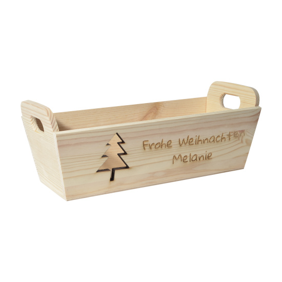 CHICCIE Geschenkkorb mit Henkeln Personalisierbar Tanne Wunschtext 35x11x13cm Präsentkorb Holz Geschenkidee Holzkiste Weihnachten Weihnachtsstern Adventskalender Nikolaus