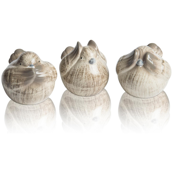 3er Set Lustige Keramik Vögel für Garten 8 x 8 cm in Grau