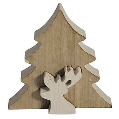 Hirsch Figur Wei&szlig; Aus Holz Mit Tannenbaum Braun 14cm Hirschfigur Dekohirsch Rentierfigur Holzfigur