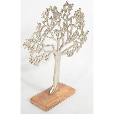 CHICCIE Metall Baum Figur Silber Auf Mango Holz 43cm - Lebensbaum Dekobaum Geldbaum