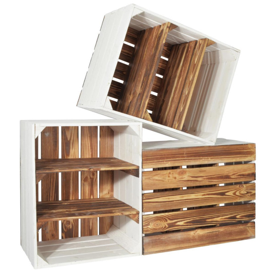 3 Set Holzkiste Grete Geflammt Weiß 50x40x30cm 2x Kurzes Regal Weinkiste