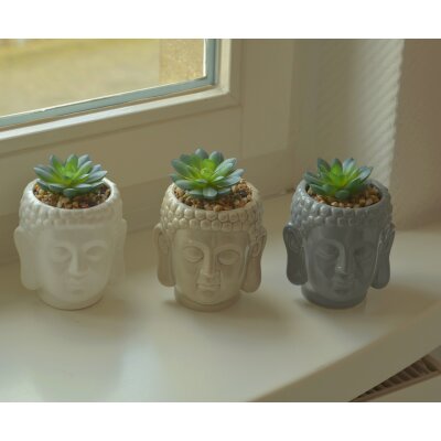 CHICCIE 3 Set Sukkulente K&uuml;nstlich Im Buddha Keramik Topf 12cm - Kunstpflanzen Kunstblumen K&uuml;nstliche Sukkulenten 