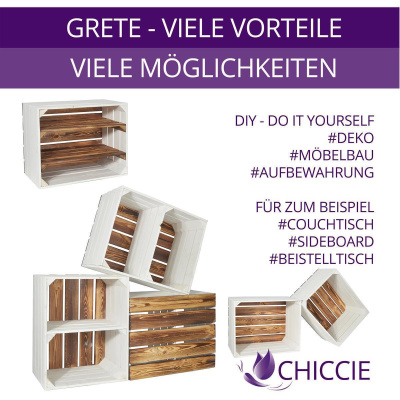 4 Set Holzkiste Grete 38x28x15cm Geflammt Wei&szlig; Dekokiste Weinkiste
